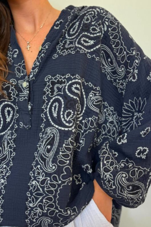 Ole Bubble Cotton Bandana Laurie Blouse Navy